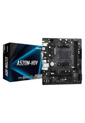 ASRock A520M-HDV (AM4/A520, 2*DDR4, PCIex16, D-Sub/DVI-D/HDMI, 4xSATAІІІ, M.2, GLan, 8ch, mATX)