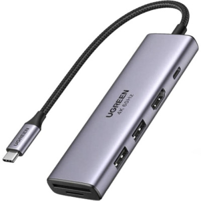Док-станція USB3.1 Type-C --> HDMI 4K60Hz/USB 3.0х2/SD/TF/PD 100W 5-in-1 Ugreen CM511 Сіра
