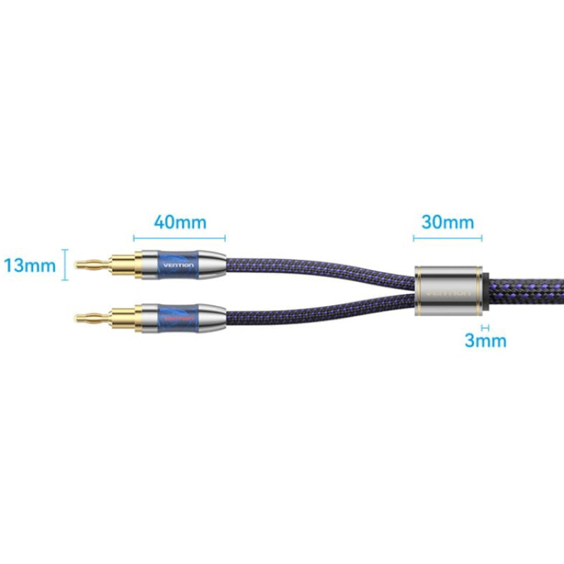 HiFi Audio Speaker Cable 2.0м,Banana 2xM/M,4N OFC Silver, Gold-Plated,TPE + обплетення,Vention
