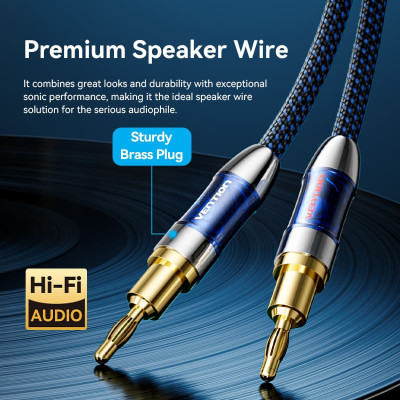HiFi Audio Speaker Cable 2.0м,Banana 2xM/M,4N OFC Silver, Gold-Plated,TPE + обплетення,Vention HiFi Audio Speaker Cable 2.0м,Banana 2xM/M,4N OFC Silver, Gold-Plated,TPE + обплетення,Vention