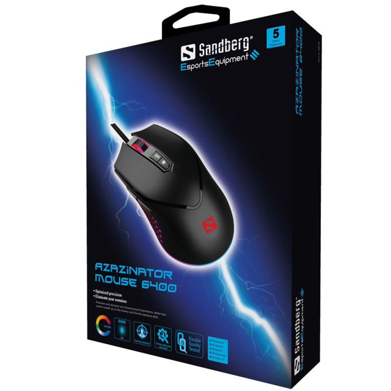 Мишка Sandberg Azazinator Mouse 6400 RGB, ігрова, 6400dpi., 7кн.Huano, чорна