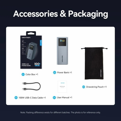 УМБ Vention 20000mAh 100W PD,QC3.0, USB-A,USB-C In/Out,with Built-in USB-C Cable, LED Display,Black УМБ Vention 20000mAh 100W PD,QC3.0, USB-A,USB-C In/Out,with Built-in USB-C Cable, LED Display,Black