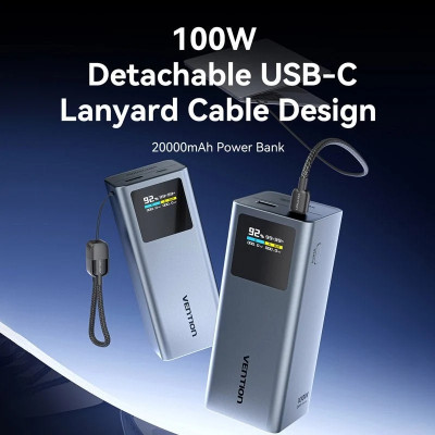 УМБ Vention 20000mAh 100W PD,QC3.0, USB-A,USB-C In/Out,with Built-in USB-C Cable, LED Display,Black УМБ Vention 20000mAh 100W PD,QC3.0, USB-A,USB-C In/Out,with Built-in USB-C Cable, LED Display,Black