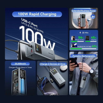 УМБ Vention 20000mAh 100W PD,QC3.0, USB-A,USB-C In/Out,with Built-in USB-C Cable, LED Display,Black УМБ Vention 20000mAh 100W PD,QC3.0, USB-A,USB-C In/Out,with Built-in USB-C Cable, LED Display,Black