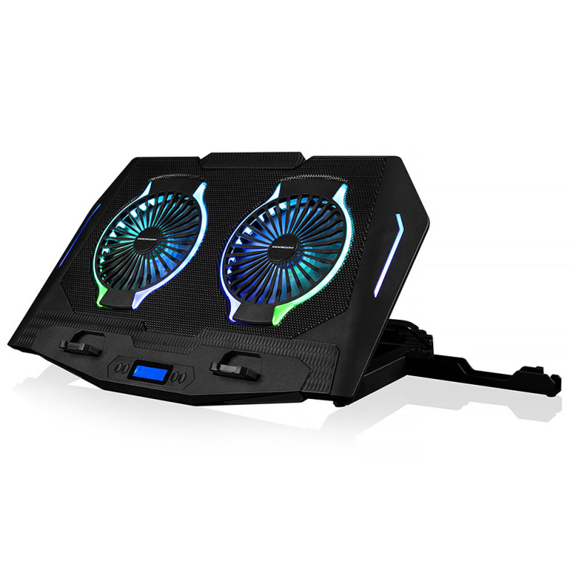 <p>Підставка для ноутбука <b>Modecom SILENT FAN MC-CF-21-RGB</b> (PL-MC-CF-21-RGB) призначена для захисту від перегрівання ноутбуків з діагоналлю до 17 дюймів. Металева сітчаста поверхня запобігає ковзанню ноутбука та сприяє кращому відведенню тепла. </p>  
<p>Два потужних вентилятори діаметром 120 мм забезпечують ефективне охолодження ноутбука. Вмикайте найбільшу швидкість обертання вентиляторів (до 1400 обертів за хвилину) та понижуйте градус при запеклих перегонах. Зменшуйте швидкість обертання та працюйте з комфортом при низькому рівні шуму. LCD дисплей дозволить легко обрати оптимальний режим охолодження. </p>
<p>Дві складні опори у нижній частині підставки забезпечують надійну фіксацію ноутбука. Висувна ніжка допоможе обрати найзручніший кут нахилу поверхні – від 4,5 до 45 градусів. Вона легко складається та роблять підставку зручною для транспортування. </p>
<p>RGB підсвічування із 10-ма режимами підкреслює ігровий характер підставки та створює динамічну атмосферу. </p>
<p>Підставка <b>Modecom SILENT FAN MC-CF-21-RGB</b> оснащена двома USB портами для підключення необхідного додаткового обладнання.</p>