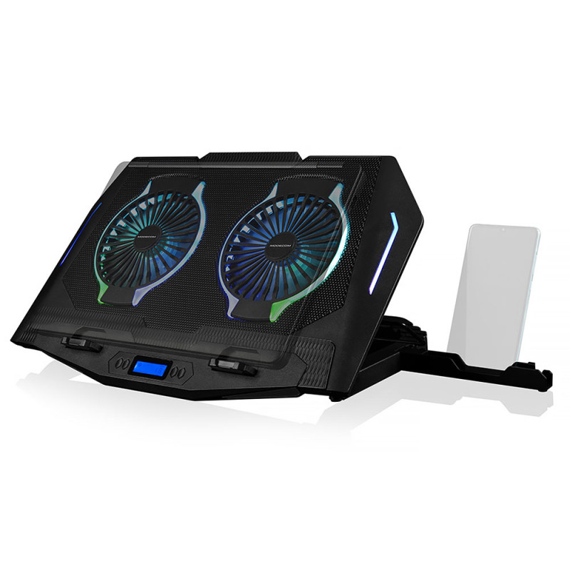 <p>Підставка для ноутбука <b>Modecom SILENT FAN MC-CF-21-RGB</b> (PL-MC-CF-21-RGB) призначена для захисту від перегрівання ноутбуків з діагоналлю до 17 дюймів. Металева сітчаста поверхня запобігає ковзанню ноутбука та сприяє кращому відведенню тепла. </p>  
<p>Два потужних вентилятори діаметром 120 мм забезпечують ефективне охолодження ноутбука. Вмикайте найбільшу швидкість обертання вентиляторів (до 1400 обертів за хвилину) та понижуйте градус при запеклих перегонах. Зменшуйте швидкість обертання та працюйте з комфортом при низькому рівні шуму. LCD дисплей дозволить легко обрати оптимальний режим охолодження. </p>
<p>Дві складні опори у нижній частині підставки забезпечують надійну фіксацію ноутбука. Висувна ніжка допоможе обрати найзручніший кут нахилу поверхні – від 4,5 до 45 градусів. Вона легко складається та роблять підставку зручною для транспортування. </p>
<p>RGB підсвічування із 10-ма режимами підкреслює ігровий характер підставки та створює динамічну атмосферу. </p>
<p>Підставка <b>Modecom SILENT FAN MC-CF-21-RGB</b> оснащена двома USB портами для підключення необхідного додаткового обладнання.</p>