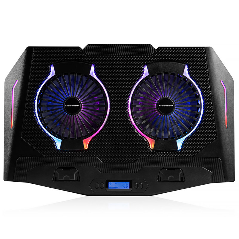 <p>Підставка для ноутбука <b>Modecom SILENT FAN MC-CF-21-RGB</b> (PL-MC-CF-21-RGB) призначена для захисту від перегрівання ноутбуків з діагоналлю до 17 дюймів. Металева сітчаста поверхня запобігає ковзанню ноутбука та сприяє кращому відведенню тепла. </p>  
<p>Два потужних вентилятори діаметром 120 мм забезпечують ефективне охолодження ноутбука. Вмикайте найбільшу швидкість обертання вентиляторів (до 1400 обертів за хвилину) та понижуйте градус при запеклих перегонах. Зменшуйте швидкість обертання та працюйте з комфортом при низькому рівні шуму. LCD дисплей дозволить легко обрати оптимальний режим охолодження. </p>
<p>Дві складні опори у нижній частині підставки забезпечують надійну фіксацію ноутбука. Висувна ніжка допоможе обрати найзручніший кут нахилу поверхні – від 4,5 до 45 градусів. Вона легко складається та роблять підставку зручною для транспортування. </p>
<p>RGB підсвічування із 10-ма режимами підкреслює ігровий характер підставки та створює динамічну атмосферу. </p>
<p>Підставка <b>Modecom SILENT FAN MC-CF-21-RGB</b> оснащена двома USB портами для підключення необхідного додаткового обладнання.</p>