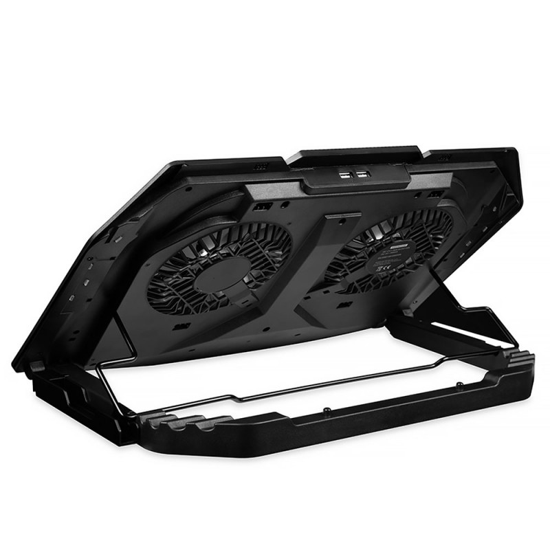 <p>Підставка для ноутбука <b>Modecom SILENT FAN MC-CF-21-RGB</b> (PL-MC-CF-21-RGB) призначена для захисту від перегрівання ноутбуків з діагоналлю до 17 дюймів. Металева сітчаста поверхня запобігає ковзанню ноутбука та сприяє кращому відведенню тепла. </p>  
<p>Два потужних вентилятори діаметром 120 мм забезпечують ефективне охолодження ноутбука. Вмикайте найбільшу швидкість обертання вентиляторів (до 1400 обертів за хвилину) та понижуйте градус при запеклих перегонах. Зменшуйте швидкість обертання та працюйте з комфортом при низькому рівні шуму. LCD дисплей дозволить легко обрати оптимальний режим охолодження. </p>
<p>Дві складні опори у нижній частині підставки забезпечують надійну фіксацію ноутбука. Висувна ніжка допоможе обрати найзручніший кут нахилу поверхні – від 4,5 до 45 градусів. Вона легко складається та роблять підставку зручною для транспортування. </p>
<p>RGB підсвічування із 10-ма режимами підкреслює ігровий характер підставки та створює динамічну атмосферу. </p>
<p>Підставка <b>Modecom SILENT FAN MC-CF-21-RGB</b> оснащена двома USB портами для підключення необхідного додаткового обладнання.</p>