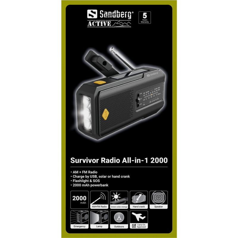 Радіо приймач FM/AM Survivor Radio All-in-1 2000, solar charger, powerbank, Flashlight, Sandberg