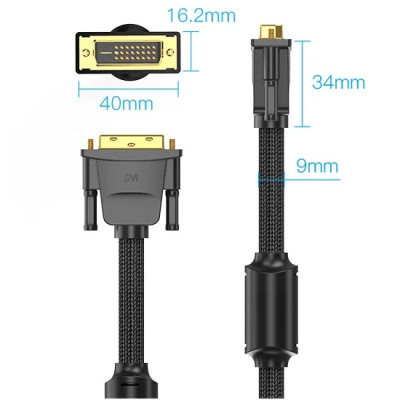Кабель DVI-D 24M - 24M, 8.0 м, 2K 60Hz обплетення, з феритами Vention Кабель DVI-D 24M - 24M, 8.0 м, 2K 60Hz обплетення, з феритами Vention