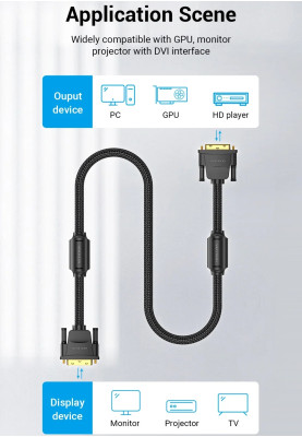 Кабель DVI-D 24M - 24M, 8.0 м, 2K 60Hz обплетення, з феритами Vention