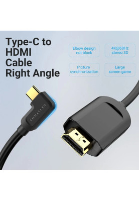 Кабель USB 3.1 Type-C M - HDMI M, 1.5m 90° 4K 60 Гц PVC Black Vention