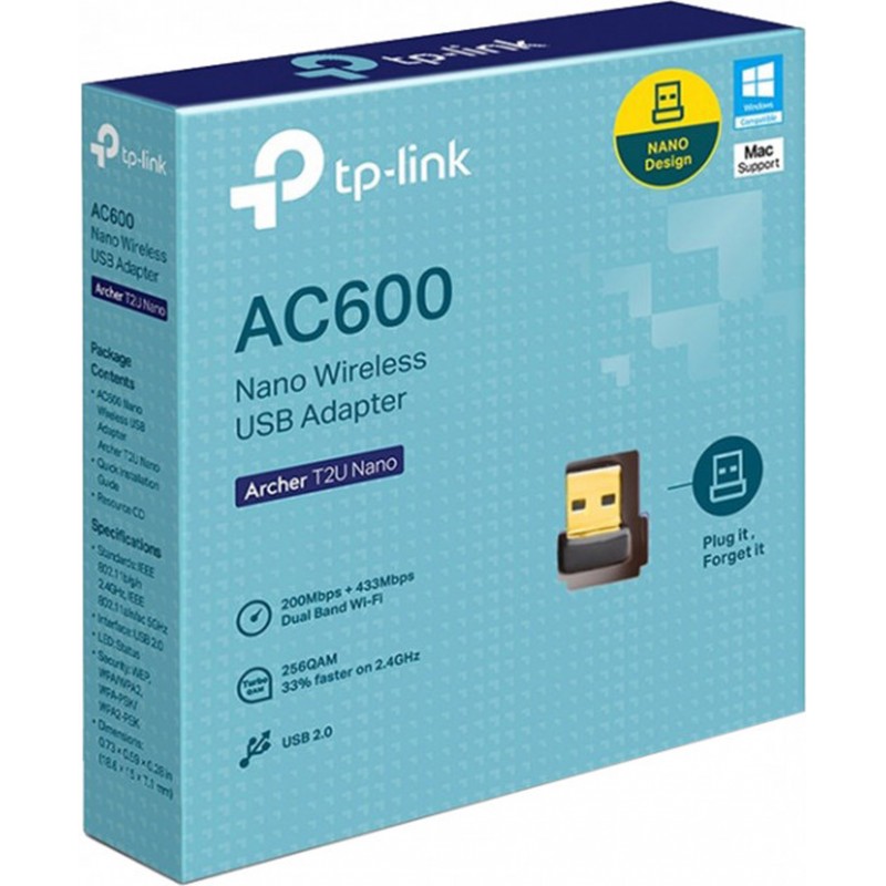 Адаптер WiFi TP-Link Archer T2U Nano, AC600 Nano Wi-Fi USB Adapter,433Mbps at 5GHz + 200Mbps at 2.4G
