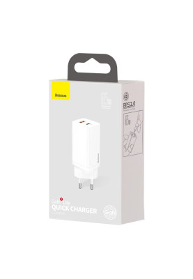 Зарядний пристрій 2xUSB 65W GaN (USB-C+USB-A) Білий Baseus