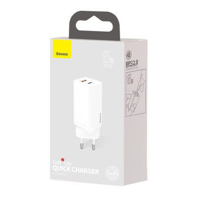 Зарядний пристрій 2xUSB 65W GaN (USB-C+USB-A) Білий Baseus