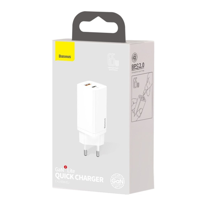 Зарядний пристрій 2xUSB 65W GaN (USB-C+USB-A) Білий Baseus