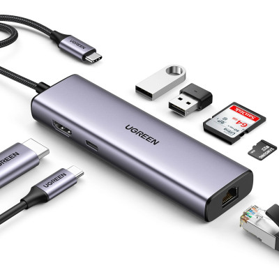Док-станція USB3.1 Type-C --> HDMI 4K60Hz/USB 3.0x2/RJ45/SD/TF/PD 100W Ugreen CM512 Сіра Док-станція USB3.1 Type-C --> HDMI 4K60Hz/USB 3.0x2/RJ45/SD/TF/PD 100W Ugreen CM512 Сіра