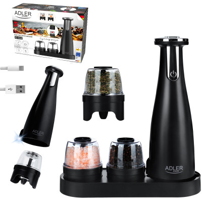 Млинок для спецій Adler AD 4449 black електричний/150мл/керамічні жорна/USB-C/3 змінні млинки/чорний