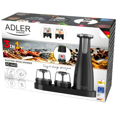 Млинок для спецій Adler AD 4449 black електричний/150мл/керамічні жорна/USB-C/3 змінні млинки/чорний