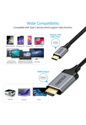 Кабель USB 3.1 Type-C M - HDMI M, 2.0m 4K 60Hz сірий Choetech