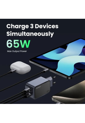 Зарядний пристрій 3xUSB 65W (2xUSB-C+USB-A) Gan Nexode Fast Charger Сірий X553 Ugreen