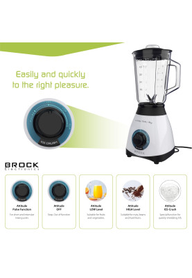 Блендер BROCK BL 1501 WH стаціонарний 500Вт/ скляна чаша 1,5л/ PULSE/ 2 швидкості/ дроблення льоду