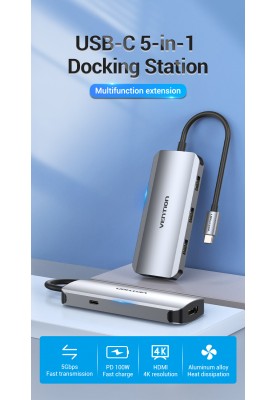Док-станція USB3.1 Type-C --> HDMI/USB 3.0x3/PD 100W Hub 5-in-1 Vention