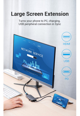 Док-станція USB3.1 Type-C --> HDMI/USB 3.0x3/PD 100W Hub 5-in-1 Vention