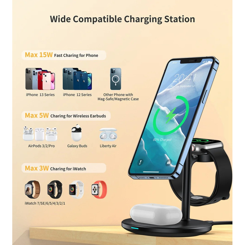 Зарядний пристрій 15W 3-in-1 Magnetic Wireless Fast Charger black Choetech