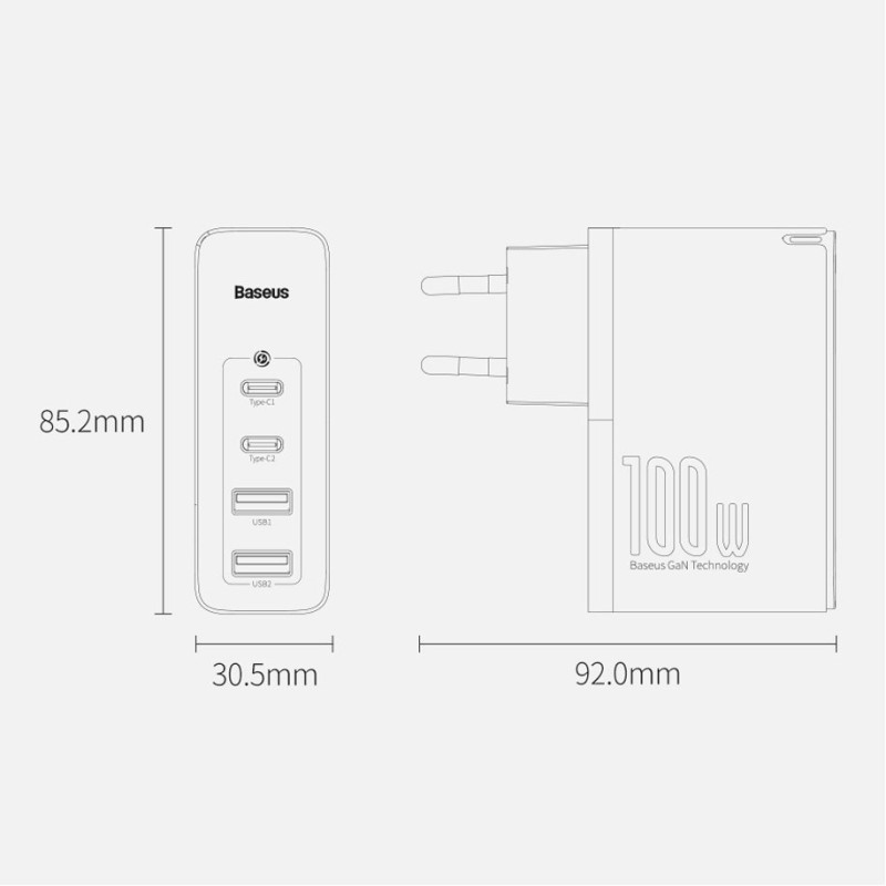 Зарядний пристрій 2xUSB 100W GaN (2xUSB-C+2xUSB-A) Чорний Baseus