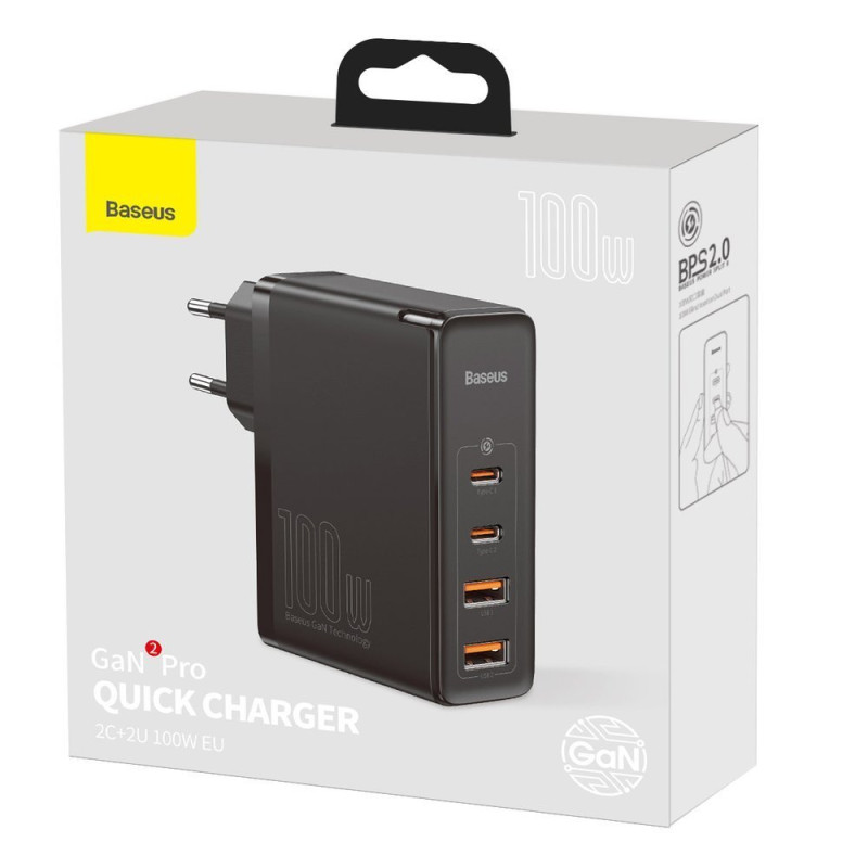 Зарядний пристрій 2xUSB 100W GaN (2xUSB-C+2xUSB-A) Чорний Baseus