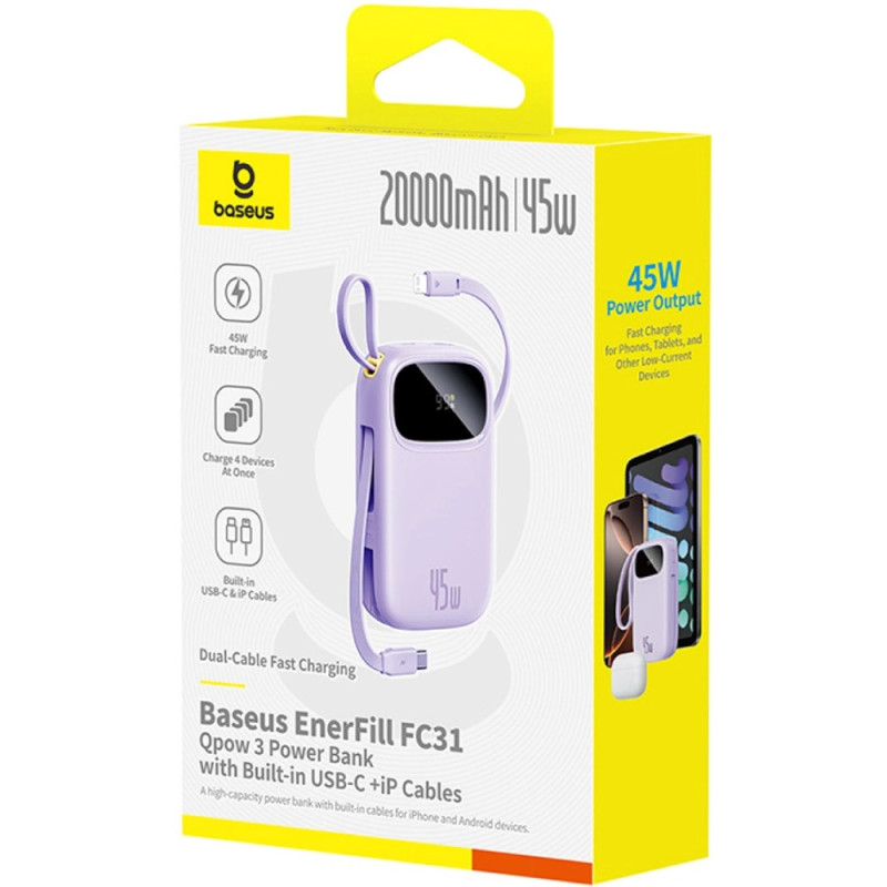 УМБ Baseus 20000mAh EnerFill FC31 45W PD,QC,USB-A,USB-C In/Out,built-in USB-C/Lightning cable Purple
