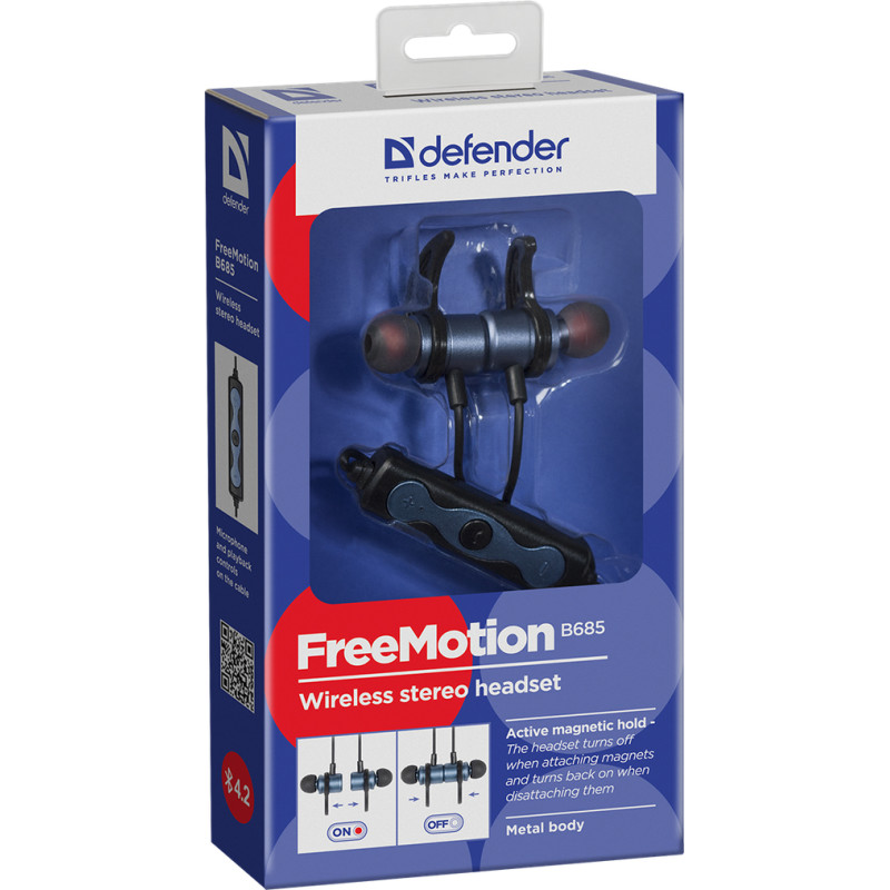 Навушники з мікрофоном Defender FreeMotion B685 Bluetooth, вставки, акктивний магніт, чорні
