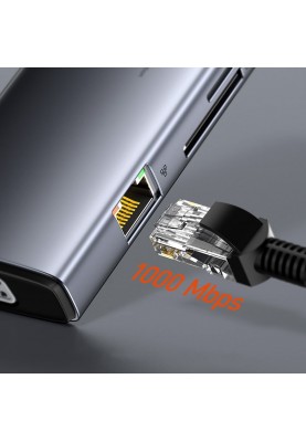 Док-станція USB3.1 Type-C-->USB C(PD)100W/HDMI 4K 30Hz/VGA/USB3.2/RJ45/Audio/SD+TF,11in1 Grey Baseus