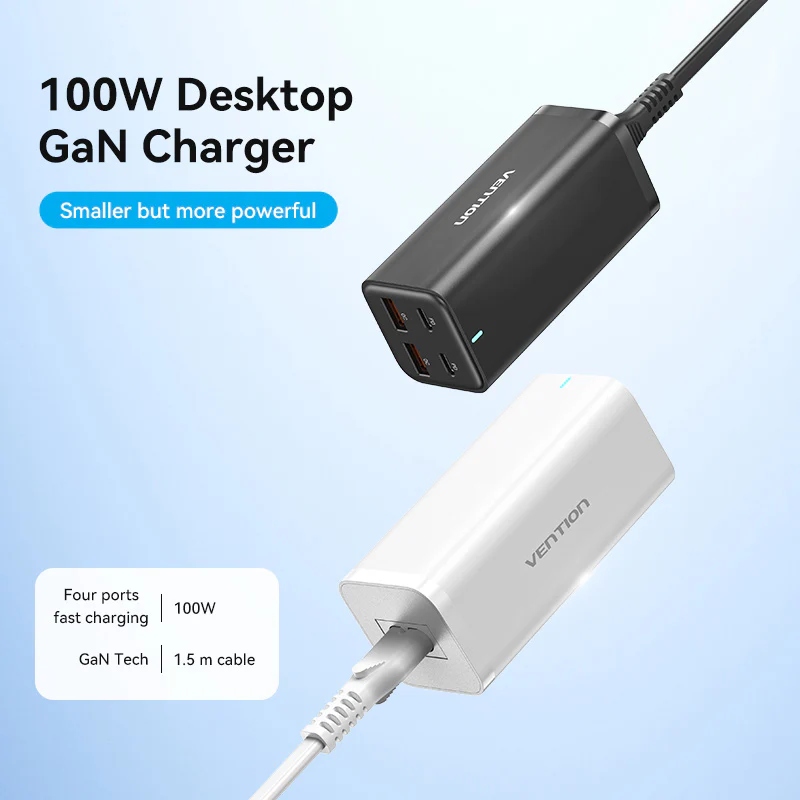 Зарядний пристрій 4xUSB 100W (2xUSB-C+2xUSB-A) PD3.0/QC 3.0/GaN White Vention