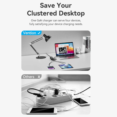 Зарядний пристрій 4xUSB 100W (2xUSB-C+2xUSB-A) PD3.0/QC 3.0/GaN White Vention