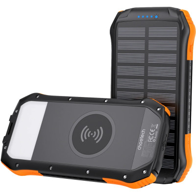 УМБ Choetech 10000mAh  2xUSB-A,1xUSB-C,solar panel, Qi-5W Black-Orange