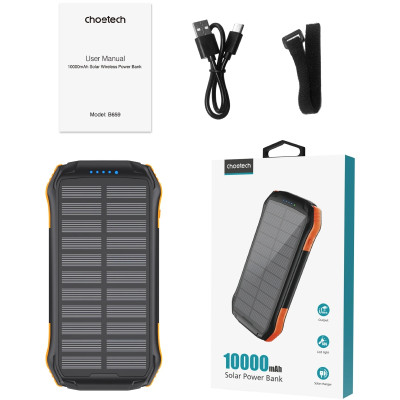 УМБ Choetech 10000mAh  2xUSB-A,1xUSB-C,solar panel, Qi-5W Black-Orange