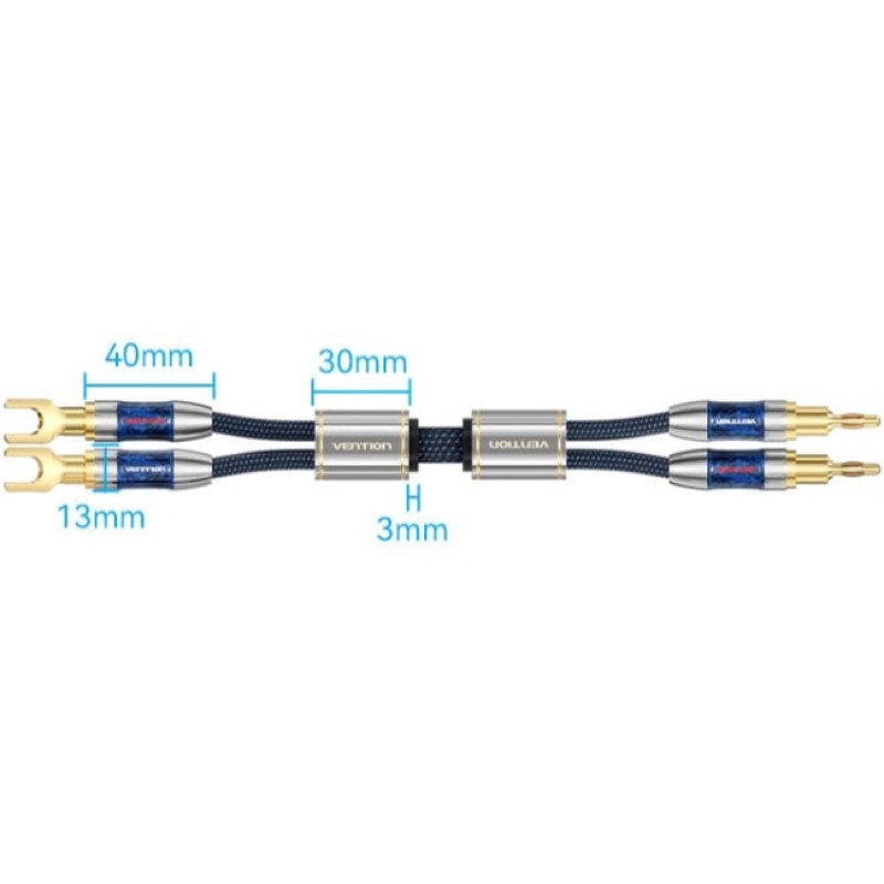 HiFi Audio Speaker Cable 5.0м,Banana-Spade 2xM/M,4N OFC Silver, Gold-Plated,TPE + обплетення,Vention