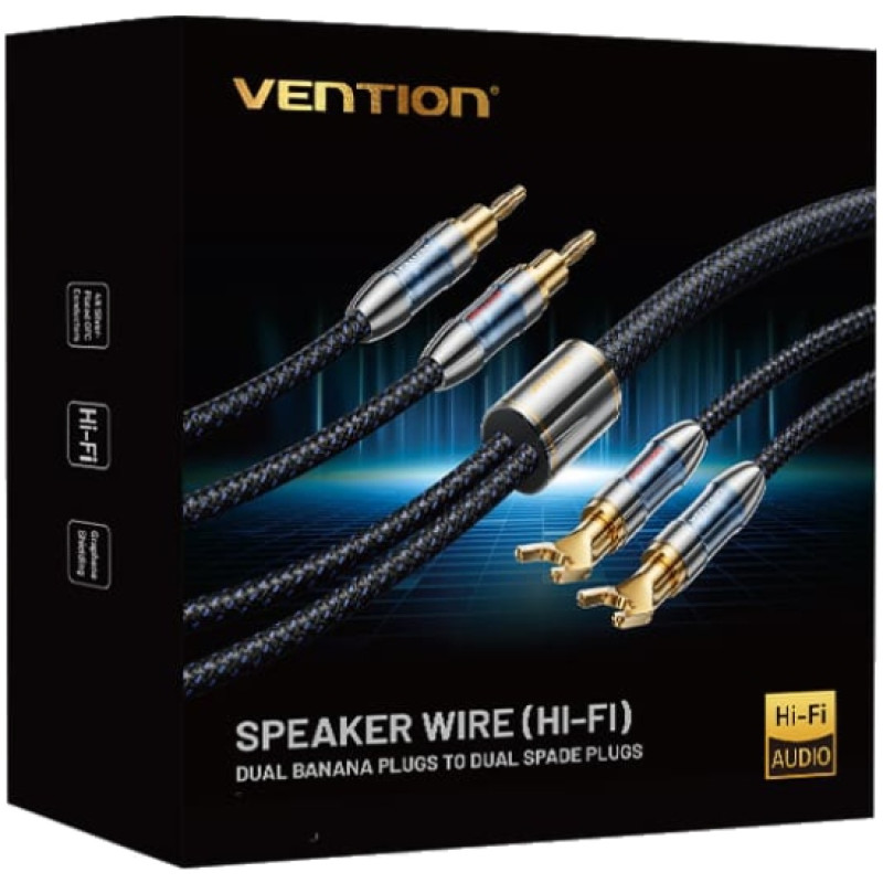 HiFi Audio Speaker Cable 5.0м,Banana-Spade 2xM/M,4N OFC Silver, Gold-Plated,TPE + обплетення,Vention