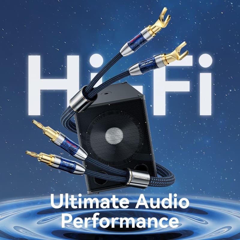 HiFi Audio Speaker Cable 5.0м,Banana-Spade 2xM/M,4N OFC Silver, Gold-Plated,TPE + обплетення,Vention