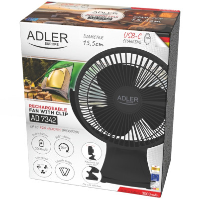 Вентилятор AdlerAD 7342 black настільний/ акумуляторний/ 5Вт/ D=15.5см/ USB-C/ чорний Вентилятор AdlerAD 7342 black настільний/ акумуляторний/ 5Вт/ D=15.5см/ USB-C/ чорний