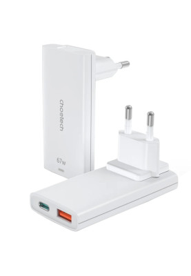Зарядний пристрій 2xUSB 65W GaN (USB-C+USB-A) Ultra thin, білий Choetech