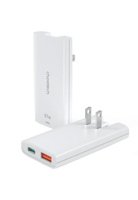 Зарядний пристрій 2xUSB 65W GaN (USB-C+USB-A) Ultra thin, білий Choetech