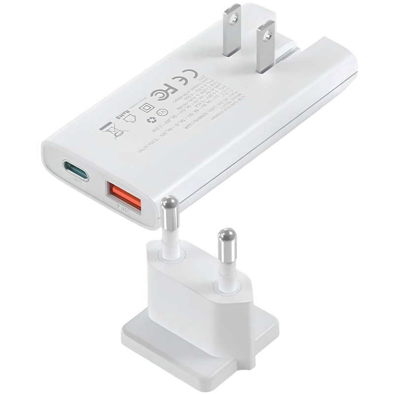 Зарядний пристрій 2xUSB 65W GaN (USB-C+USB-A) Ultra thin, білий Choetech