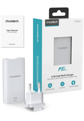 Зарядний пристрій 2xUSB 65W GaN (USB-C+USB-A) Ultra thin, білий Choetech
