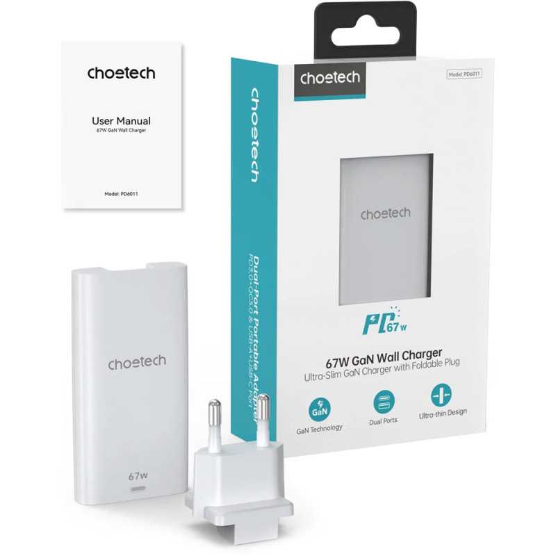 Зарядний пристрій 2xUSB 65W GaN (USB-C+USB-A) Ultra thin, білий Choetech