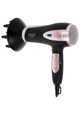 Фен Adler AD 2248 black 2200Вт/ 2 швидкості/ хол.обдув/ темп.режимів-3/ іонізація/ насадки - 2 шт.