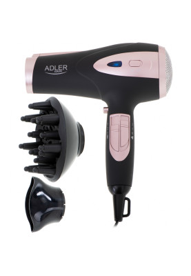 Фен Adler AD 2248 black 2200Вт/ 2 швидкості/ хол.обдув/ темп.режимів-3/ іонізація/ насадки - 2 шт.