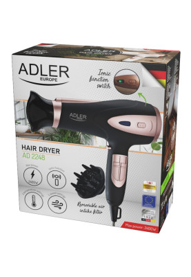 Фен Adler AD 2248 black 2200Вт/ 2 швидкості/ хол.обдув/ темп.режимів-3/ іонізація/ насадки - 2 шт.